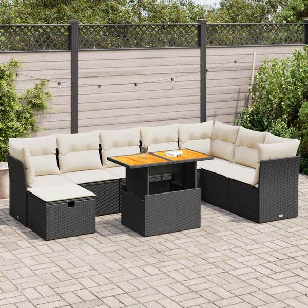 vidaXL Salon de jardin avec coussins 9 pcs noir r&eacute;sine tress&eacute;e acacia