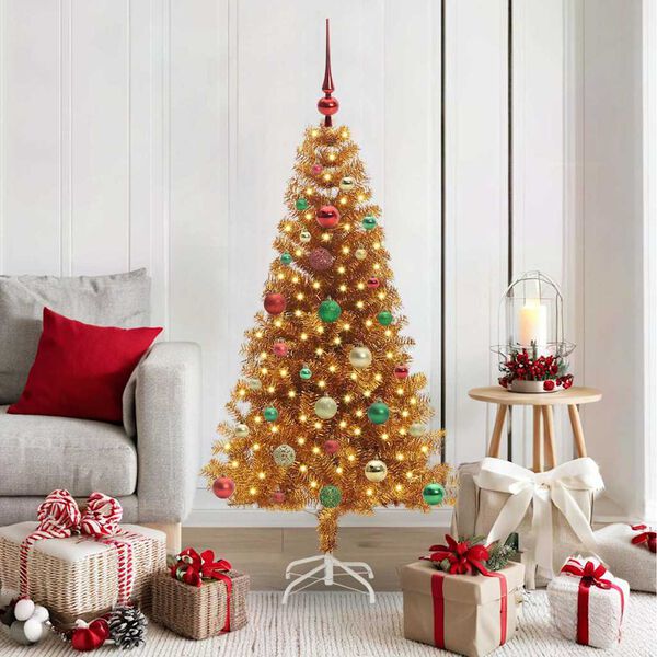 vidaXL Sapin de No&euml;l avec 150 LED avec support Dor&eacute; 150 cm PET
