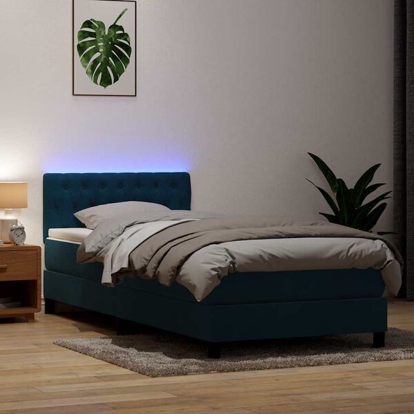 vidaXL Sommier &agrave; lattes de lit et matelas et LED bleu fonc&eacute; 80x210 cm velours