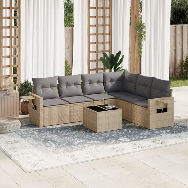 vidaXL Salon de jardin avec coussins 7 pcs beige r&eacute;sine tress&eacute;e