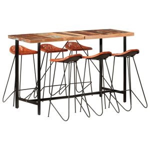 vidaXL Ensemble de bar 7 pcs Bois de r&eacute;cup&eacute;ration et cuir v&eacute;ritable