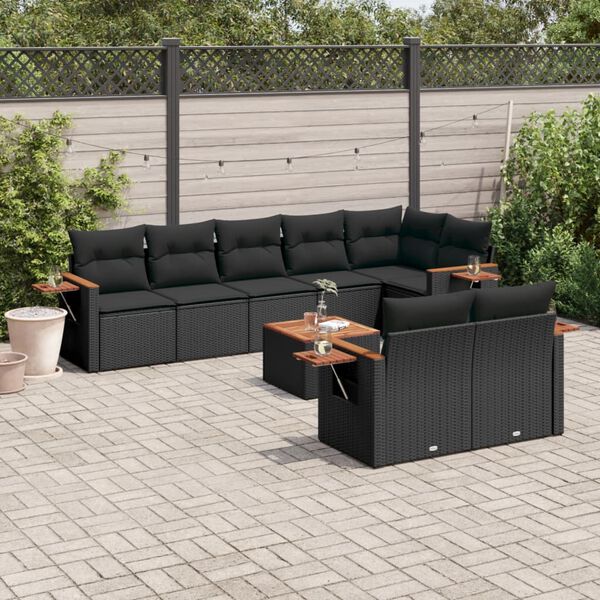 vidaXL Salon de jardin 9 pcs avec coussins noir r&eacute;sine tress&eacute;e