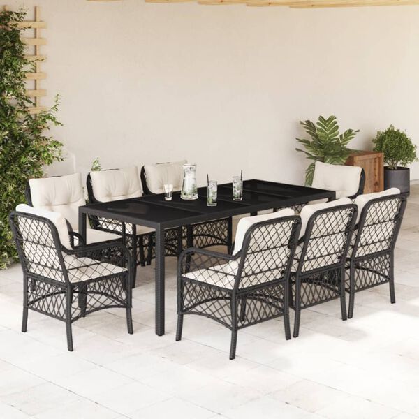 vidaXL Ensemble &agrave; manger de jardin 9pcs coussins noir r&eacute;sine tress&eacute;e