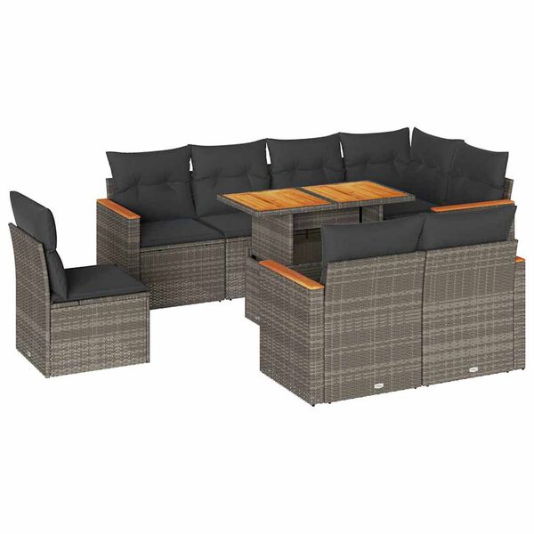 vidaXL Salon de jardin avec coussins 9 pcs gris r&eacute;sine tress&eacute;e acacia