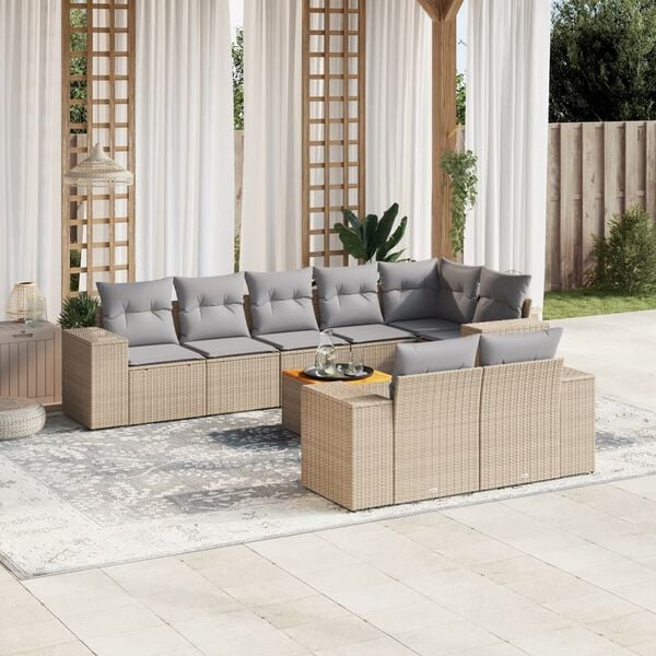 vidaXL Salon de jardin avec coussins 9 pcs beige r&eacute;sine tress&eacute;e