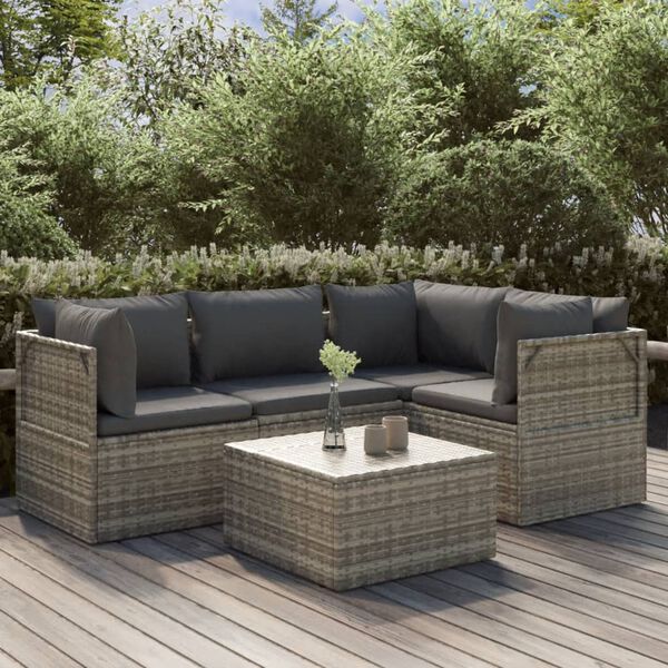 vidaXL Salon de jardin 5 pcs avec coussins Gris Résine tressée