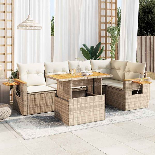 vidaXL Salon de jardin 6 pcs avec coussins beige r&eacute;sine tress&eacute;e acacia