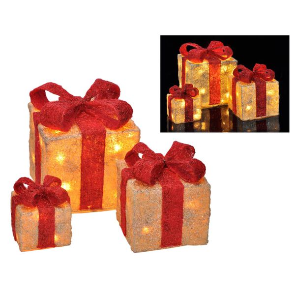 HI Bo&icirc;te-cadeau de No&euml;l &eacute;clair&eacute; &agrave; LED avec rubans rouges 3 pcs