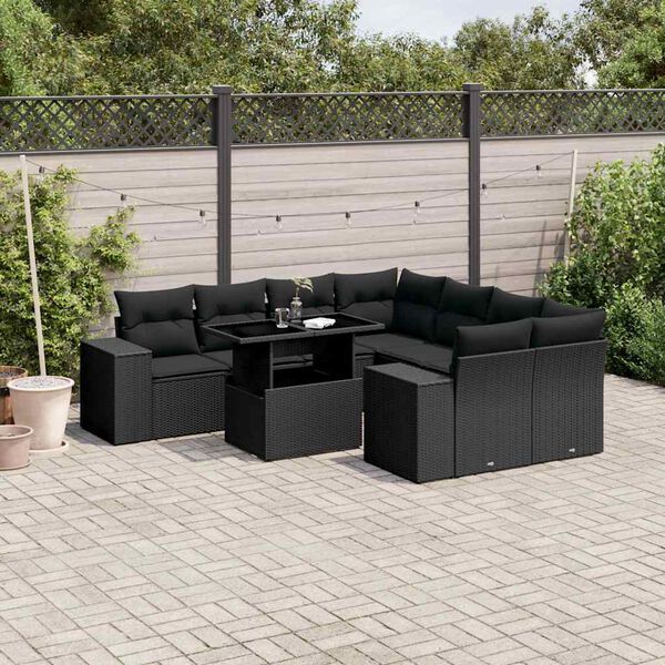 vidaXL Salon de jardin 9 pcs avec coussins noir r&eacute;sine tress&eacute;e