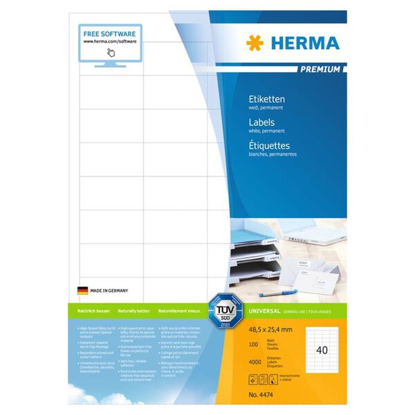 HERMA &Eacute;tiquettes permanentes PREMIUM A4 48,5x25,4 mm 100 Feuilles