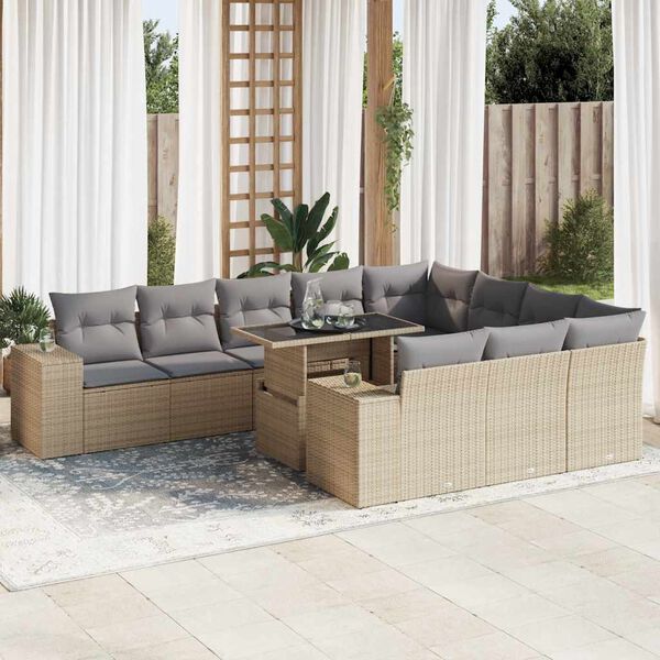 vidaXL Salon de jardin 11 pcs avec coussins beige r&eacute;sine tress&eacute;e