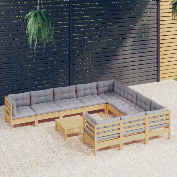 vidaXL Salon de jardin 11 pcs avec coussins gris bois de pin