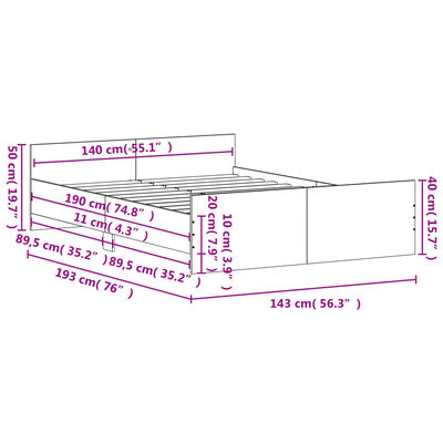 vidaXL Cadre de lit tête de lit et pied de lit sonoma gris 140x190 cm