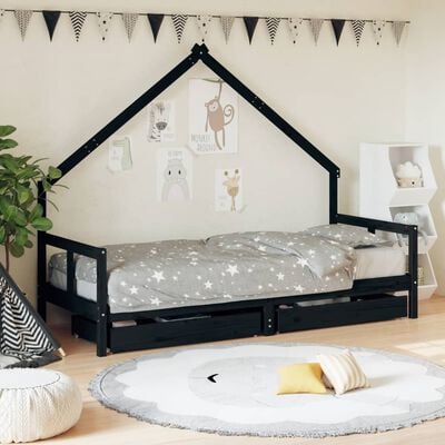 vidaXL Cadre de lit enfant tiroirs noir 80x200 cm bois de pin massif