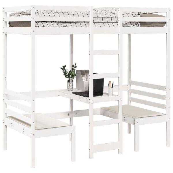 vidaXL Lit mezzanine avec bureau et chaises blanc 90x200 cm pin massif