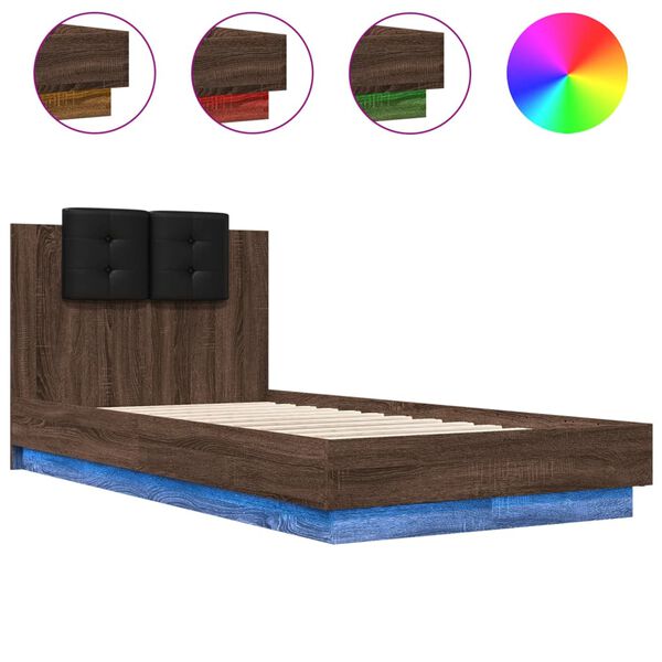vidaXL Cadre de lit avec LED sans matelas ch&ecirc;ne marron 75x190 cm