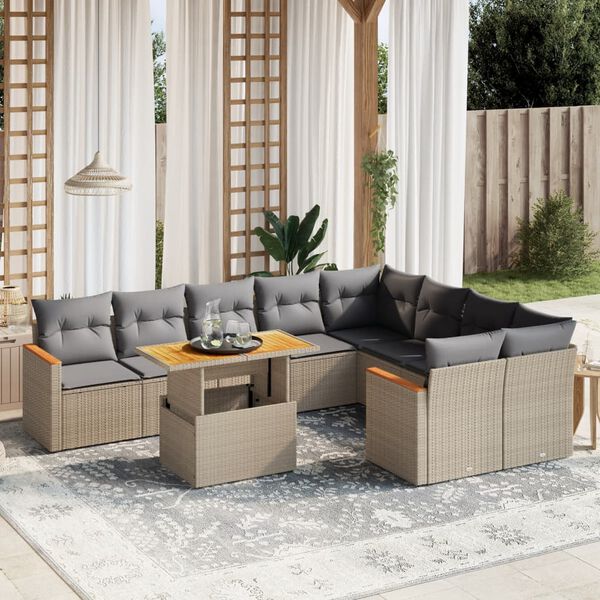vidaXL Salon de jardin avec coussins 10 pcs beige r&eacute;sine tress&eacute;e
