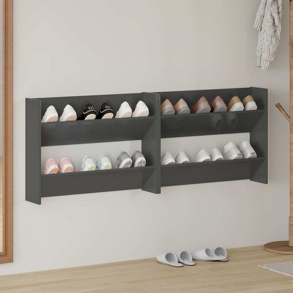 vidaXL Armoires &agrave; chaussures murales 2 pcs gris brillant 80x18x60 cm