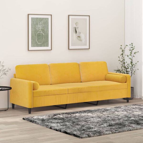 vidaXL Canap&eacute; 3 places oreillers et coussins Jaune clair 210cm Velours