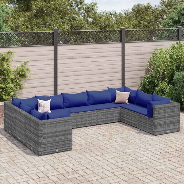 vidaXL Salon de jardin 9 pcs avec coussins Gris R&eacute;sine tress&eacute;e
