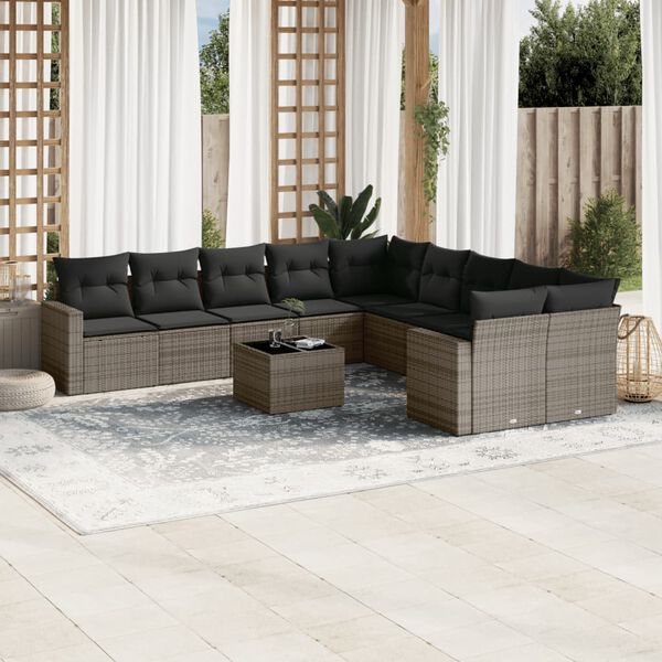 vidaXL Salon de jardin 11 pcs avec coussins gris r&eacute;sine tress&eacute;e