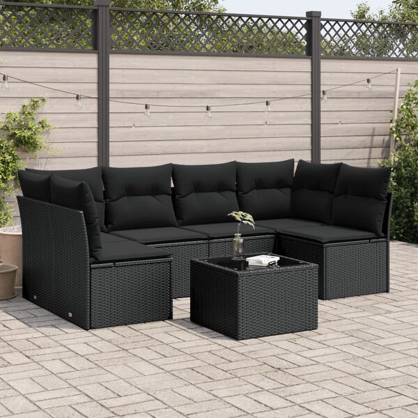 vidaXL Salon de jardin 7 pcs avec coussins noir r&eacute;sine tress&eacute;e