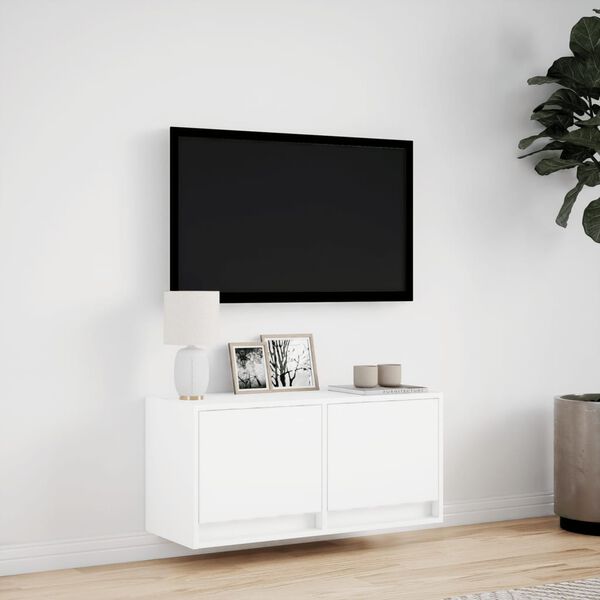 vidaXL Meuble TV mural avec lumi&egrave;res LED blanc 80x31x35 cm