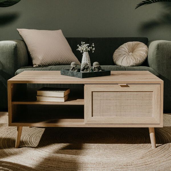 Finori Table basse Bali 55A Ch&ecirc;ne sonoma et impression de canne