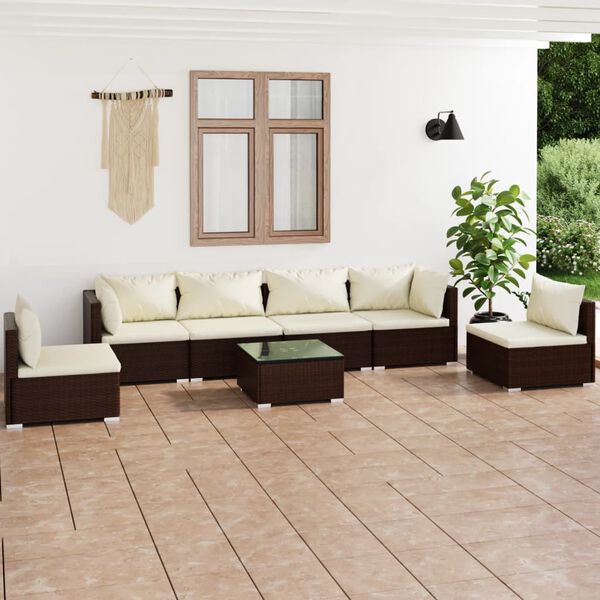 vidaXL Salon de jardin 7 pcs avec coussins R&eacute;sine tress&eacute;e Marron