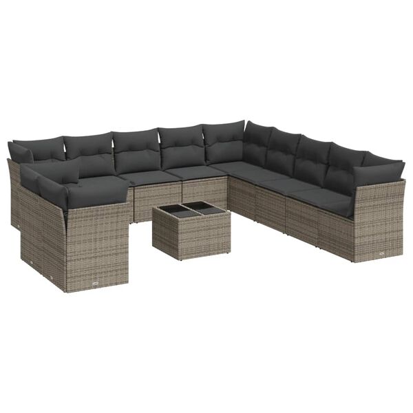 vidaXL Salon de jardin avec coussins 12 pcs gris r&eacute;sine tress&eacute;e