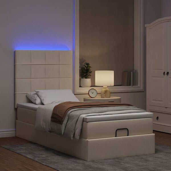 vidaXL Lit ottoman avec matelas et LED cr&egrave;me 90x200 cm tissu