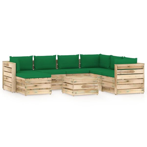 vidaXL Salon de jardin 8 pcs avec coussins Bois impr&eacute;gn&eacute; de vert