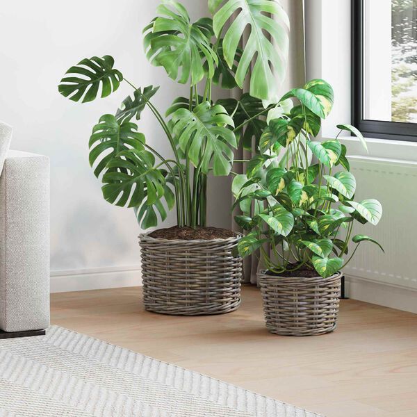 vidaXL Panier &agrave; plantes avec stockage 2 pcs Gris Rattan Kubu