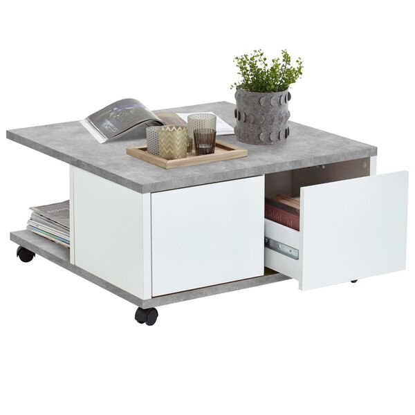 FMD Table basse mobile 70x70x35,5 cm b&eacute;ton et blanc brillant
