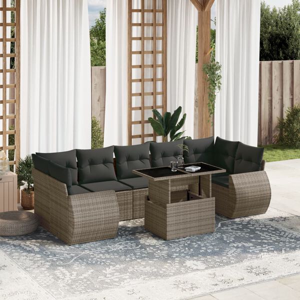 vidaXL Salon de jardin 8 pcs avec coussins gris r&eacute;sine tress&eacute;e