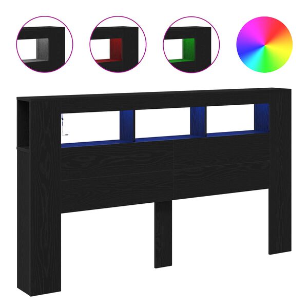 vidaXL T&ecirc;te de lit LED avec &eacute;tag&egrave;re Ch&ecirc;ne noir 180 x 18,5 x 103,5 cm