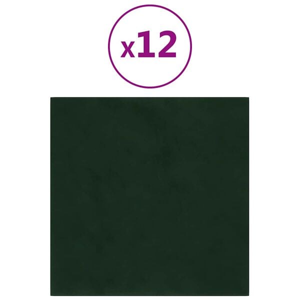 vidaXL Panneaux muraux 12 pcs Vert fonc&eacute; 30x30 cm Velours 1,08 m&sup2;