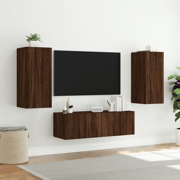 vidaXL Meuble TV muraux 3 pcs avec lumi&egrave;res LED ch&ecirc;ne marron