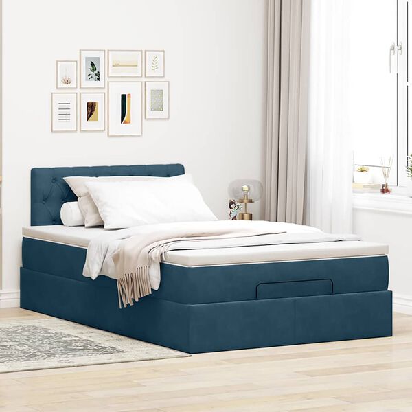 vidaXL Cadre de lit ottoman avec matelas bleu fonc&eacute; 120x200 cm velours