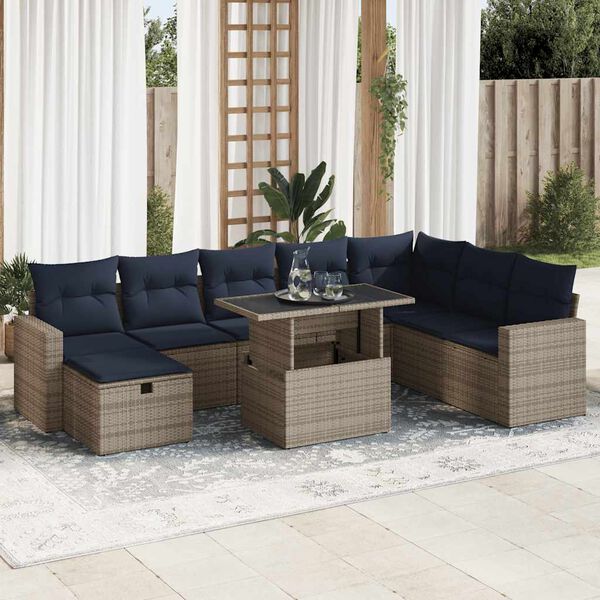 vidaXL Salon de jardin avec coussins 9pcs gris r&eacute;sine tress&eacute;e