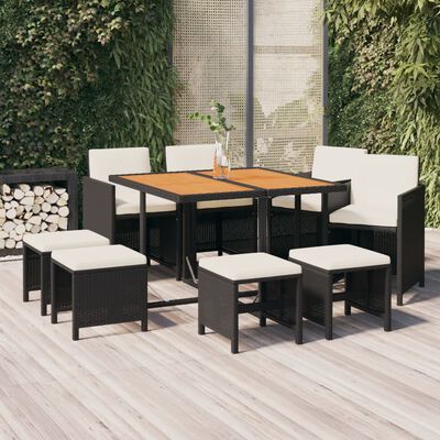 vidaXL Ensemble à manger de jardin coussins 9pcs Résine tressée Noir