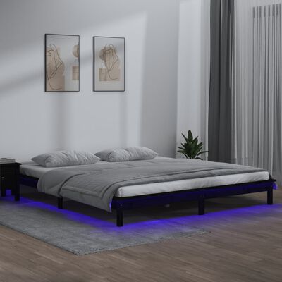 vidaXL Cadre de lit à LED noir 150x200 cm très grand bois massif