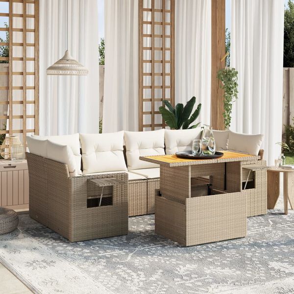 vidaXL Salon de jardin avec coussins 7 pcs beige r&eacute;sine tress&eacute;e