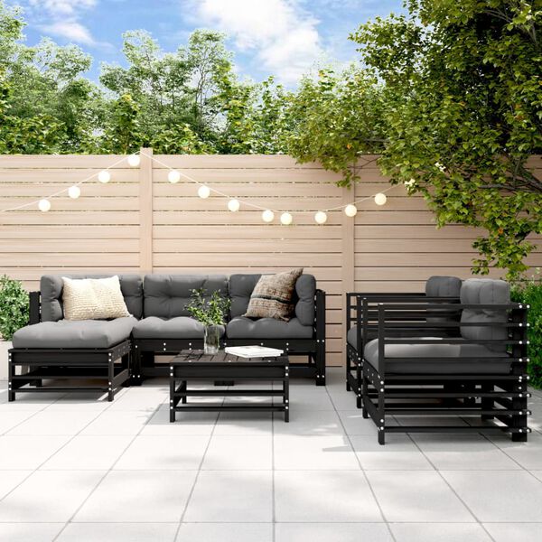 vidaXL Salon de jardin 7 pcs avec coussins noir bois massif