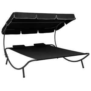 vidaXL Lit de repos d'ext&eacute;rieur avec auvent et oreillers Noir