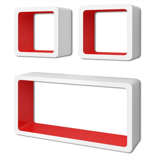 3 &Eacute;tag&egrave;res cubes suspendues MDF stockage livre/DVD blanc/rouge