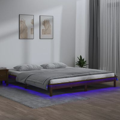 vidaXL Cadre de lit à LED marron miel 140x190 cm bois massif