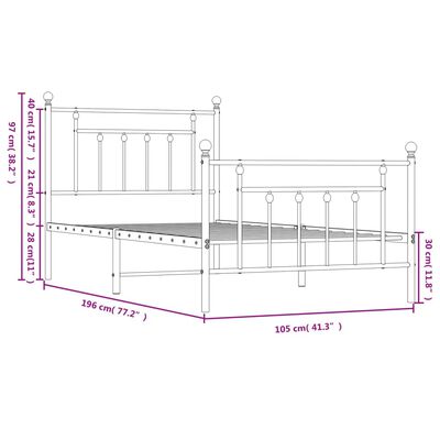 vidaXL Cadre de lit métal sans matelas et pied de lit blanc 100x190 cm