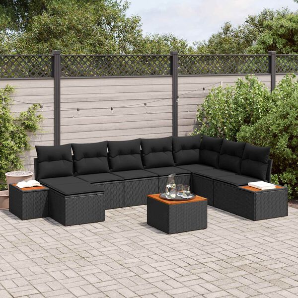 vidaXL Ensemble de canap&eacute; de jardin avec coussin 9 pcs Noir Polyrotin