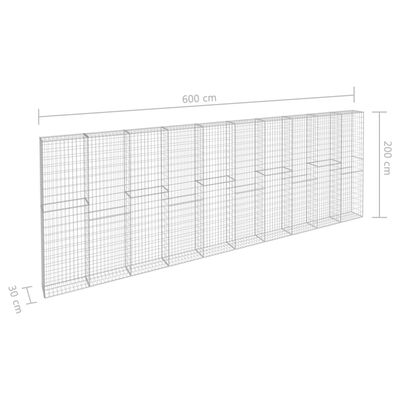 vidaXL Mur à gabion avec couvercles Acier galvanisé 600x30x200 cm